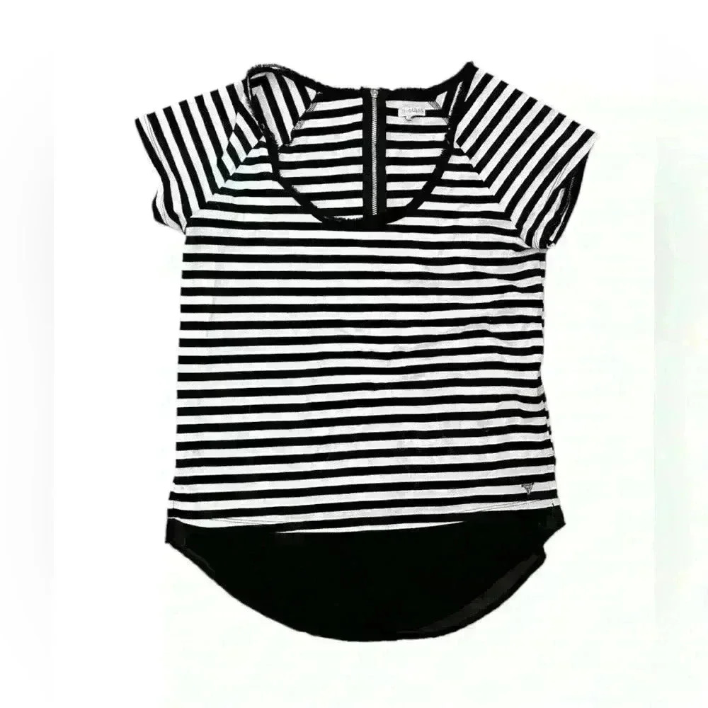 Guess black & white striped shirt w/sheer bottom detail Size Small